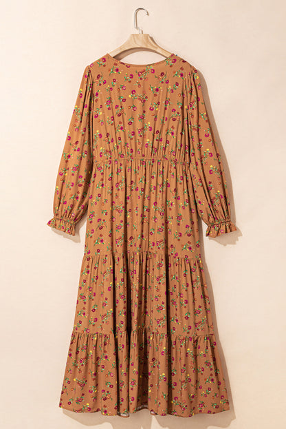 Stacey B's Brown Plus Size Floral Split V Neck Ruffled Sleeve Tiered Maxi Dress