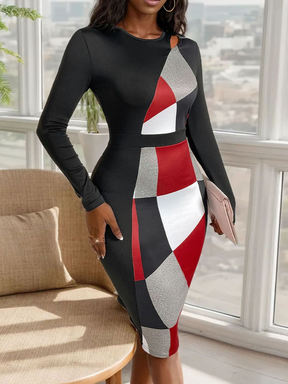 Stacey B's Cutout Color Block Round Neck Long Sleeve Dress