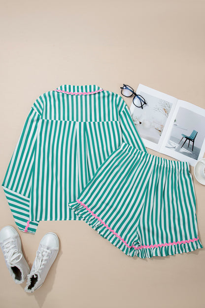 Stacey B's Green Stripe Contrast Ricrac Trim Long Sleeve Shirt Drawstring Ruffled Pajama Short Set