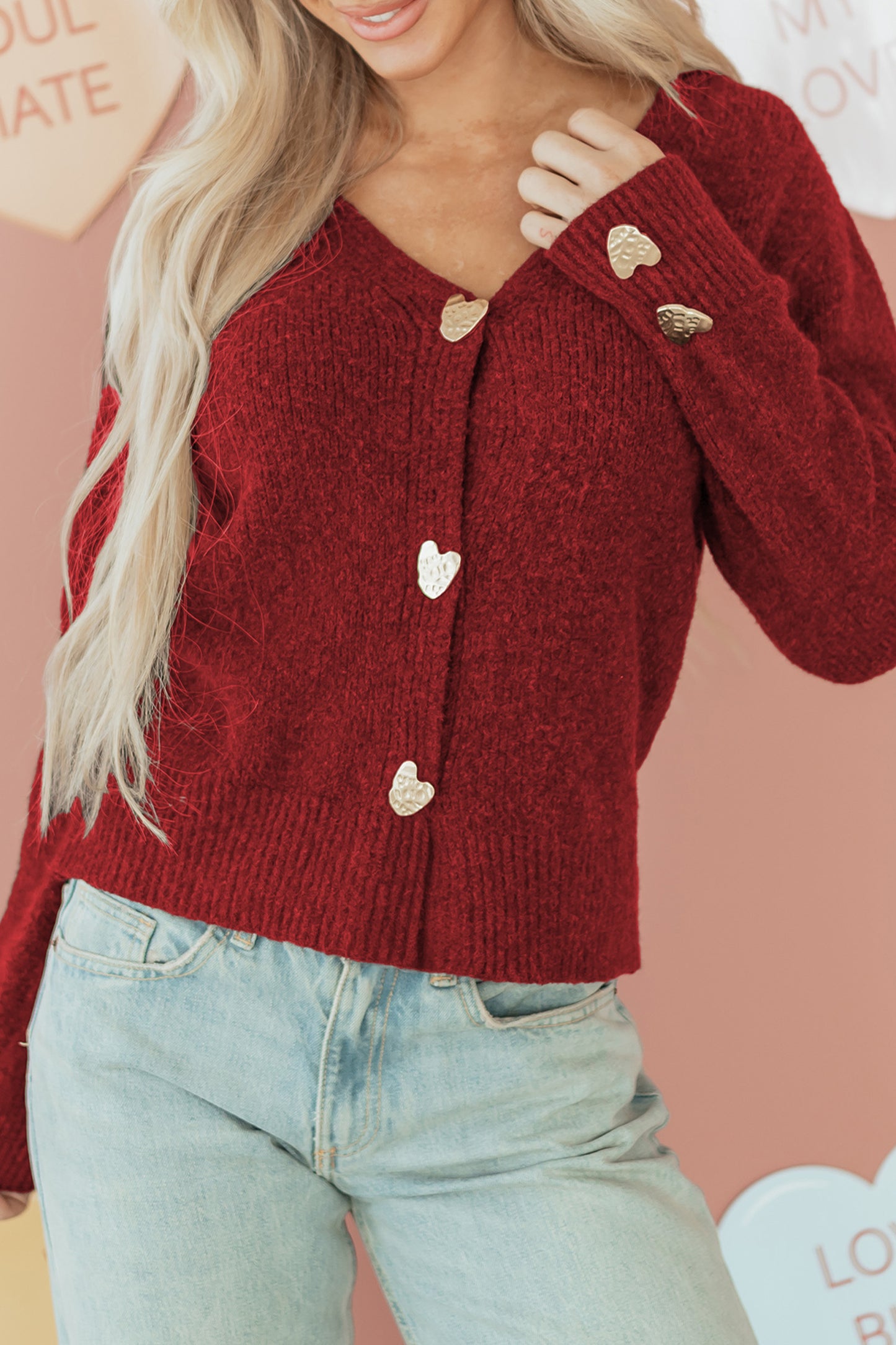 Stacey B's Fiery Red Heart Metal Button V Neck Cardigan Sweater