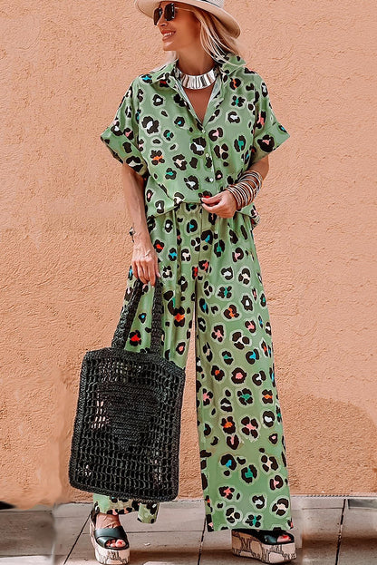 Stacey B's Green Leopard Print Short Sleeve Shirt and Wide Leg Pants Set