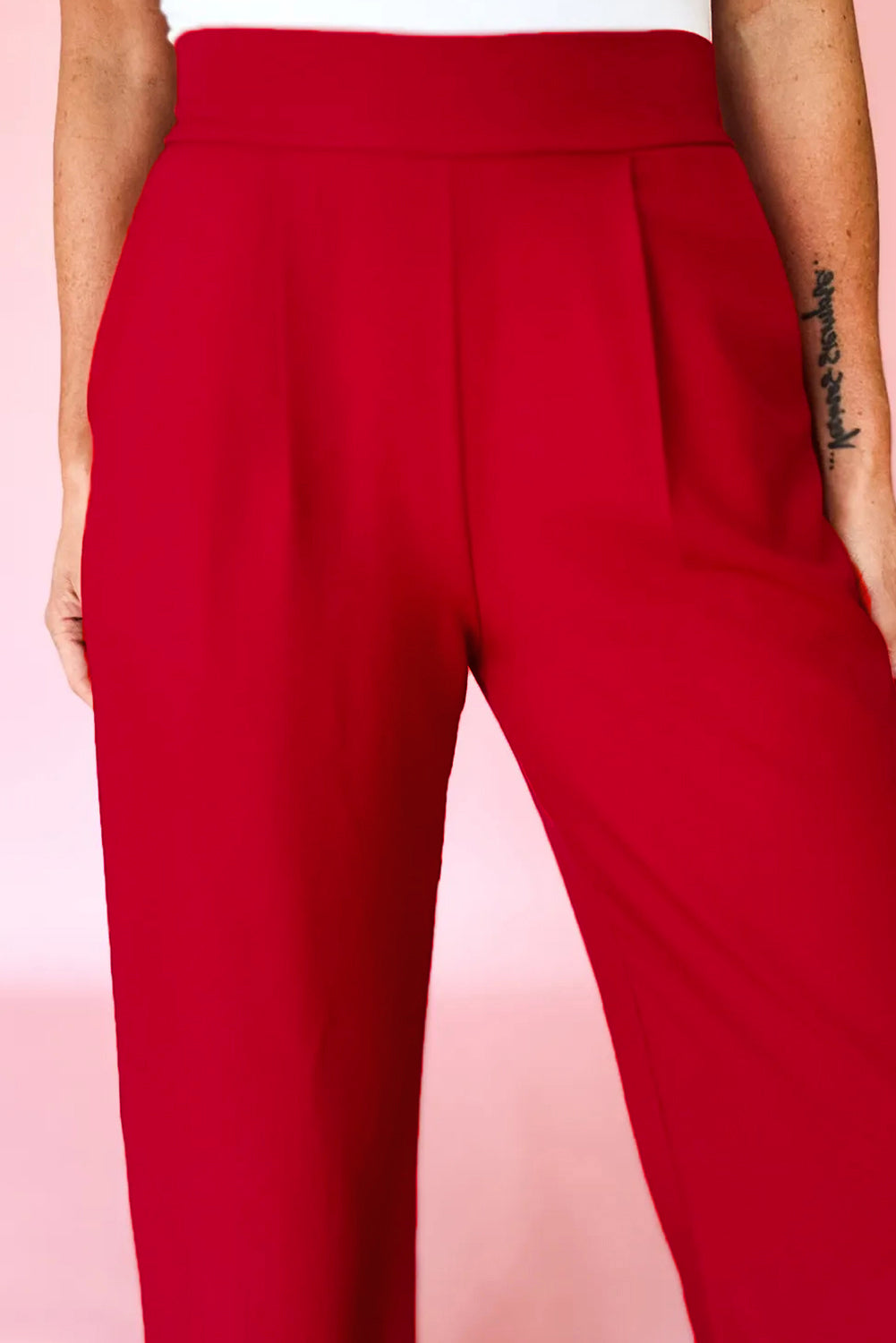 Stacey B's Fiery Red Pleated Detail Pull On High Elastic Waist Loose Straight Pants