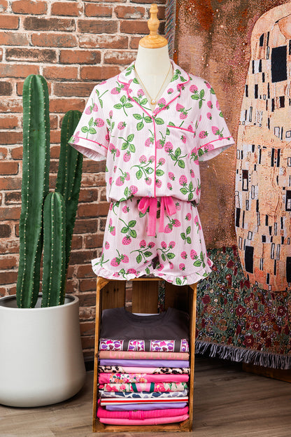 Stacey B's Pink Striped Strawberry Print Lapel Shirt Drawstring Shorts 2pcs Pajama Set