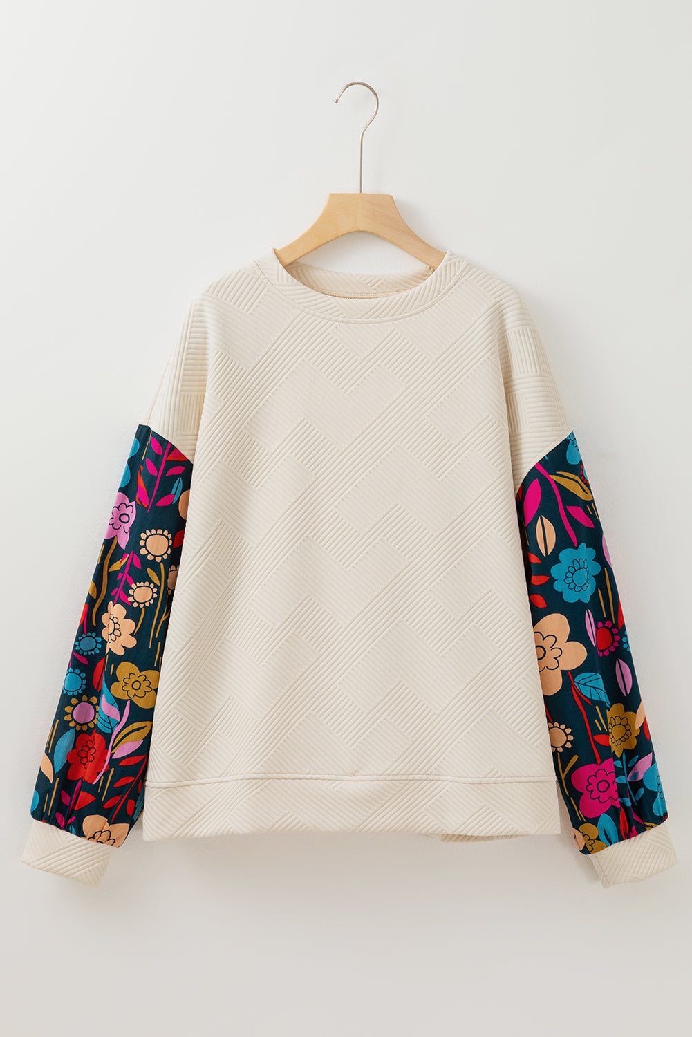 Stacey B's White Floral Patchwork Sleeve Textured Plus Size Pullover Top