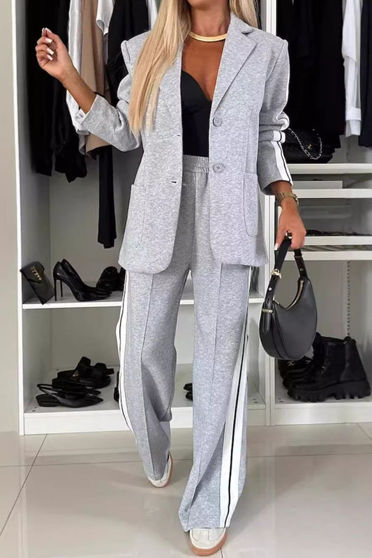 Stacey B's Full Size Contrast Lapel Collar Top and Pants Set