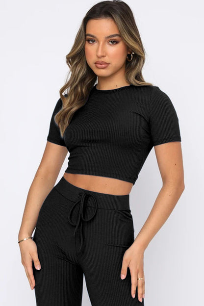 Stacey B's Round Neck Short Sleeve Top and Pants Set