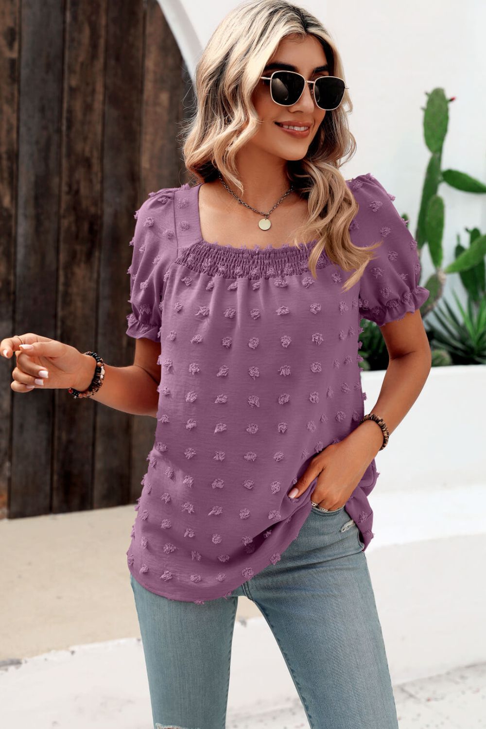 Stacey B's Swiss Dot Puff Sleeve Square Neck Blouse