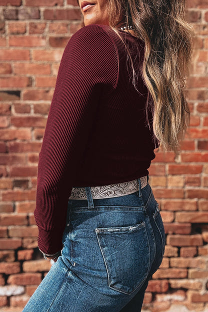 Stacey B's Coffee Ribbed Solid Color U Neck Cropped Long Sleeve Top