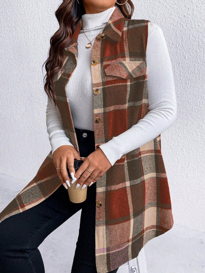 Stacey B's Honey Plus Size Pocketed Plaid Button Up Vest Coat