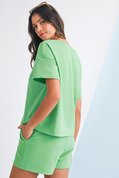 Stacey B's Myosotis V Neck Drop Shoulder Tee and Patchwork Shorts Set