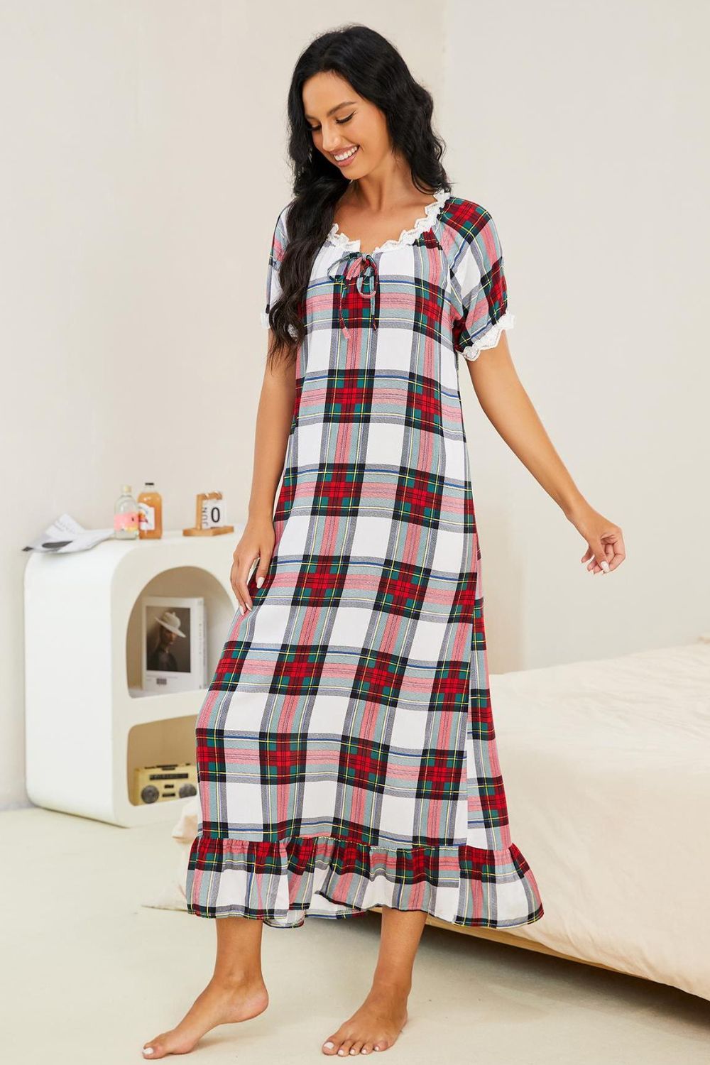 Stacey B's Plaid Lace Trim Ruffle Hem Night Dress