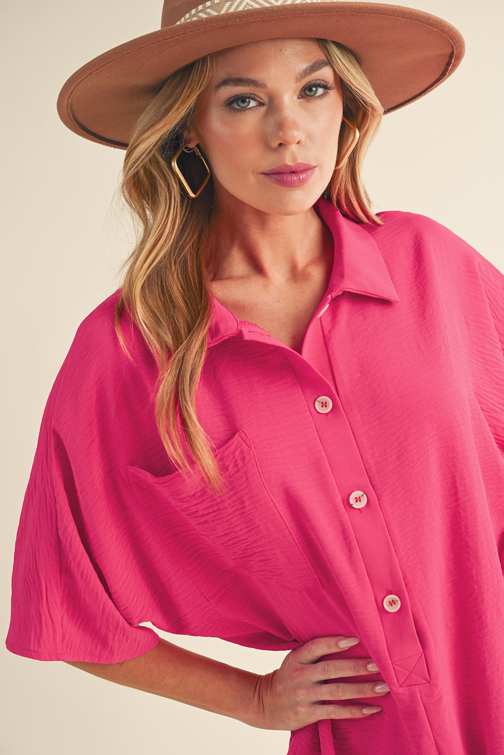 Stacey B's Bright Pink Plain Half Button Collared Pocket Loose Romper