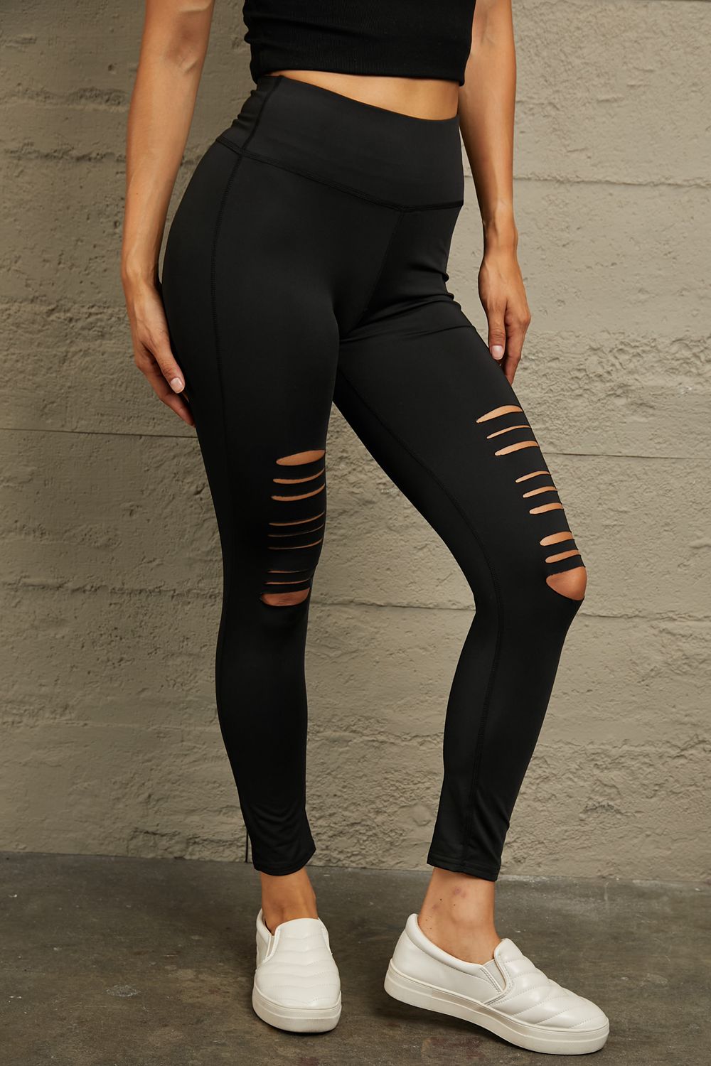 Stacey B's Wide Waistband Distressed Slim Fit Leggings