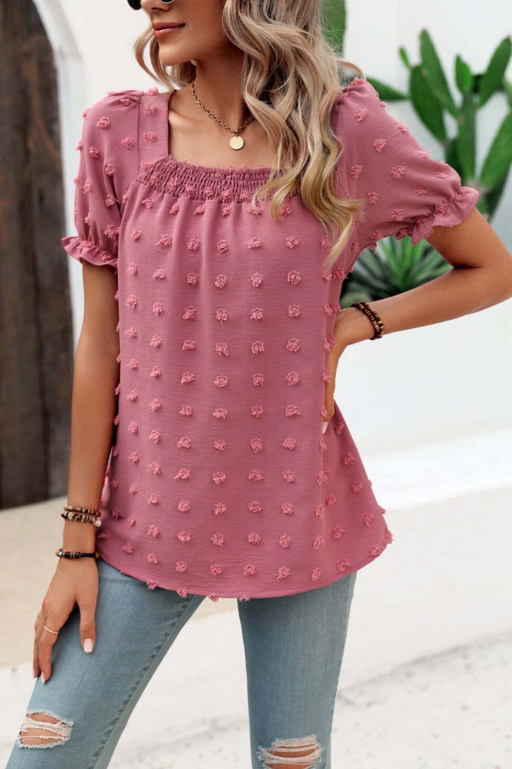 Stacey B's Swiss Dot Puff Sleeve Square Neck Blouse