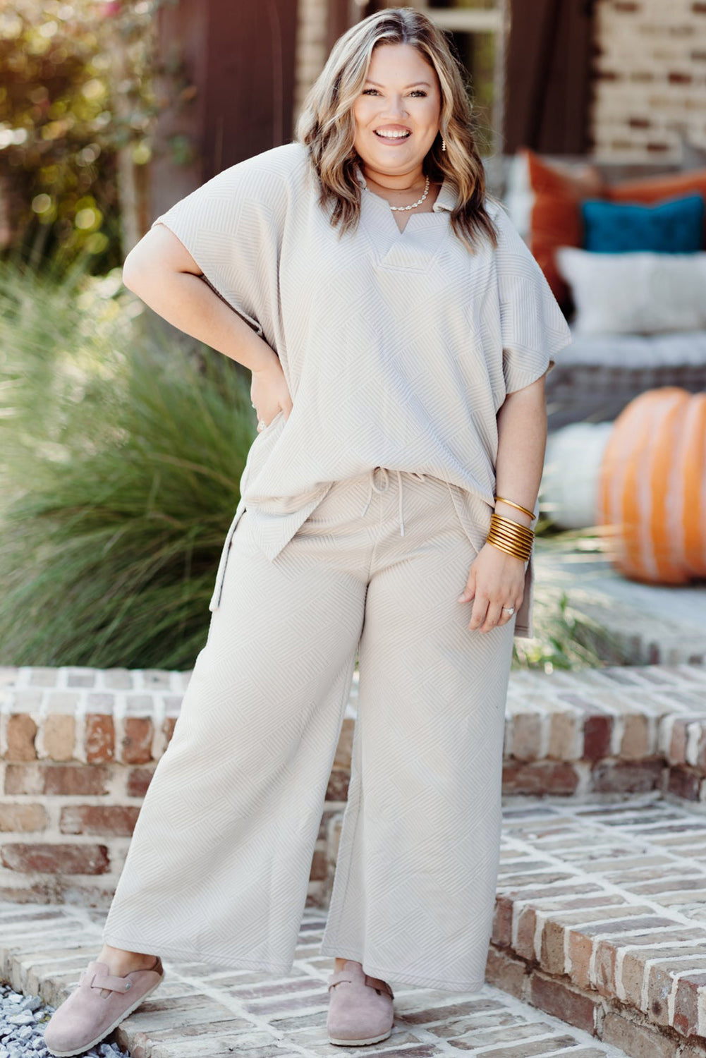 Stacey B's Beige Plus Size Textured Collared Top and Drawstring Pants Set