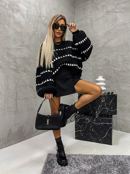Stacey B's Contrast Round Neck Long Sleeve Sweater