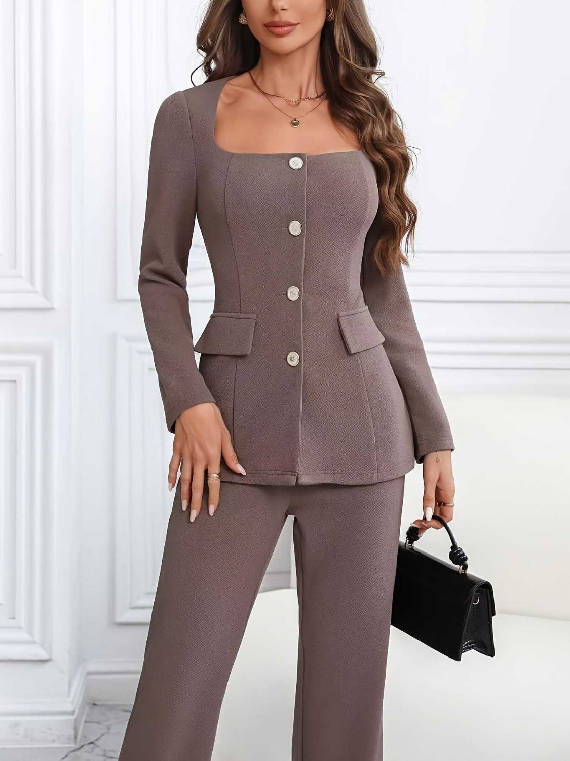 Stacey B's Square Neck Button Up Blazer and Pants Set