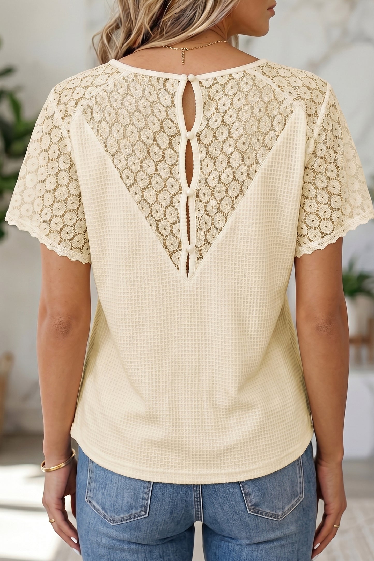 Stacey B's Pink Lace Splicing Button Cutout V Neck Waffle Knit Blouse