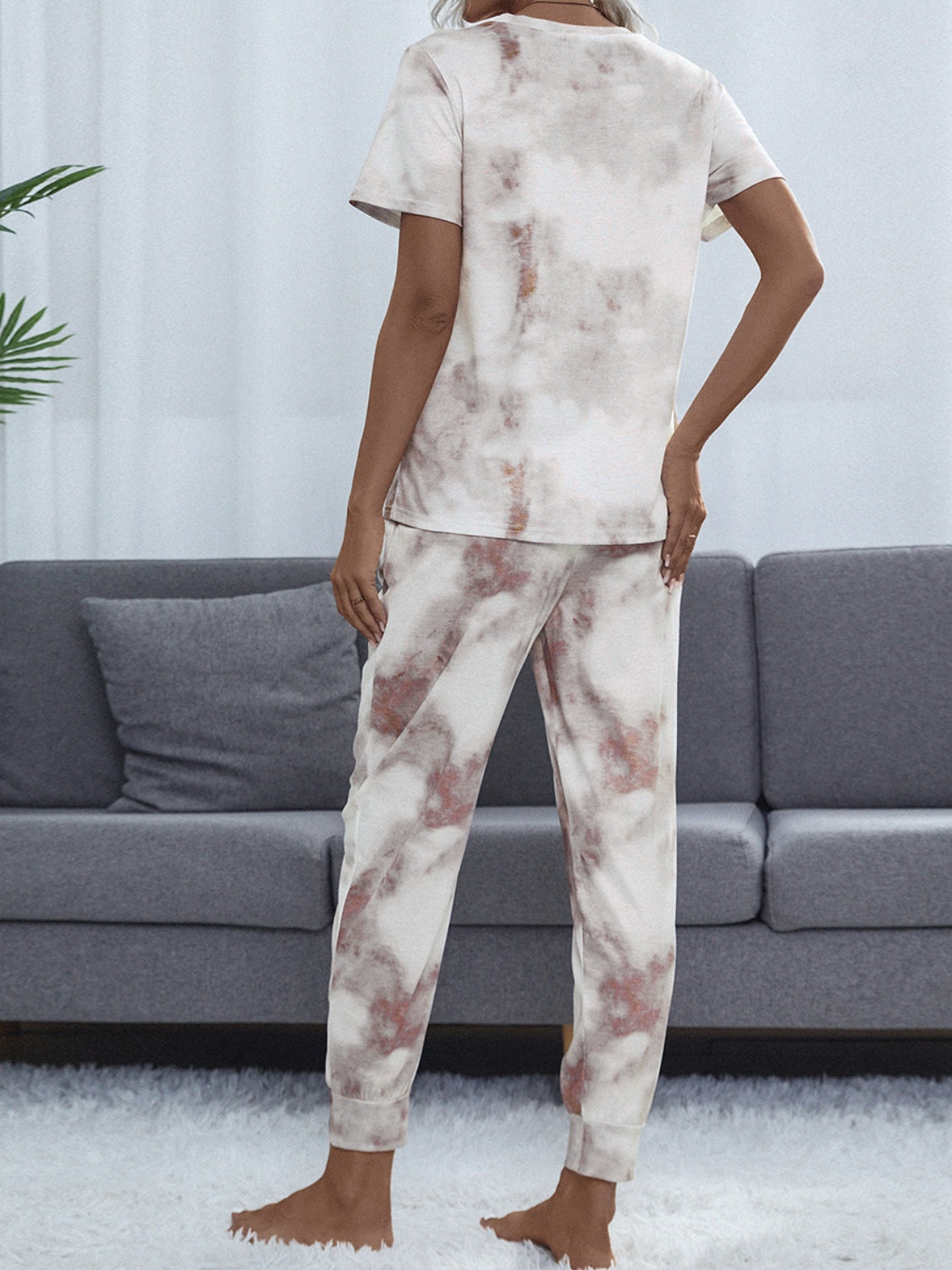 Stacey B's Shiny Tie-Dye Round Neck Short Sleeve Top and Pants Lounge Set