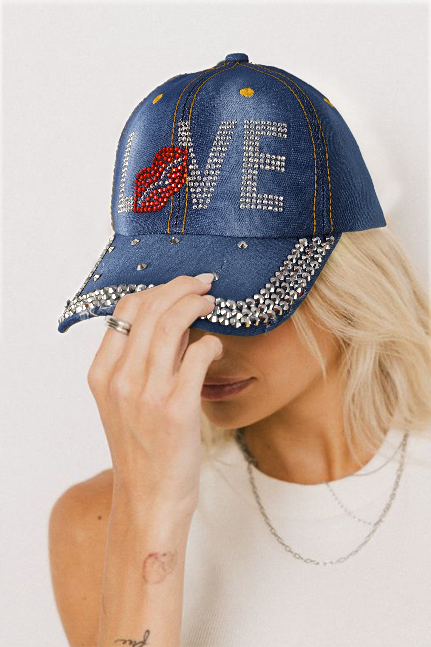 Stacey B's Ashleigh Blue Rhinestone Embellished LOVE Lip Denim Baseball Cap