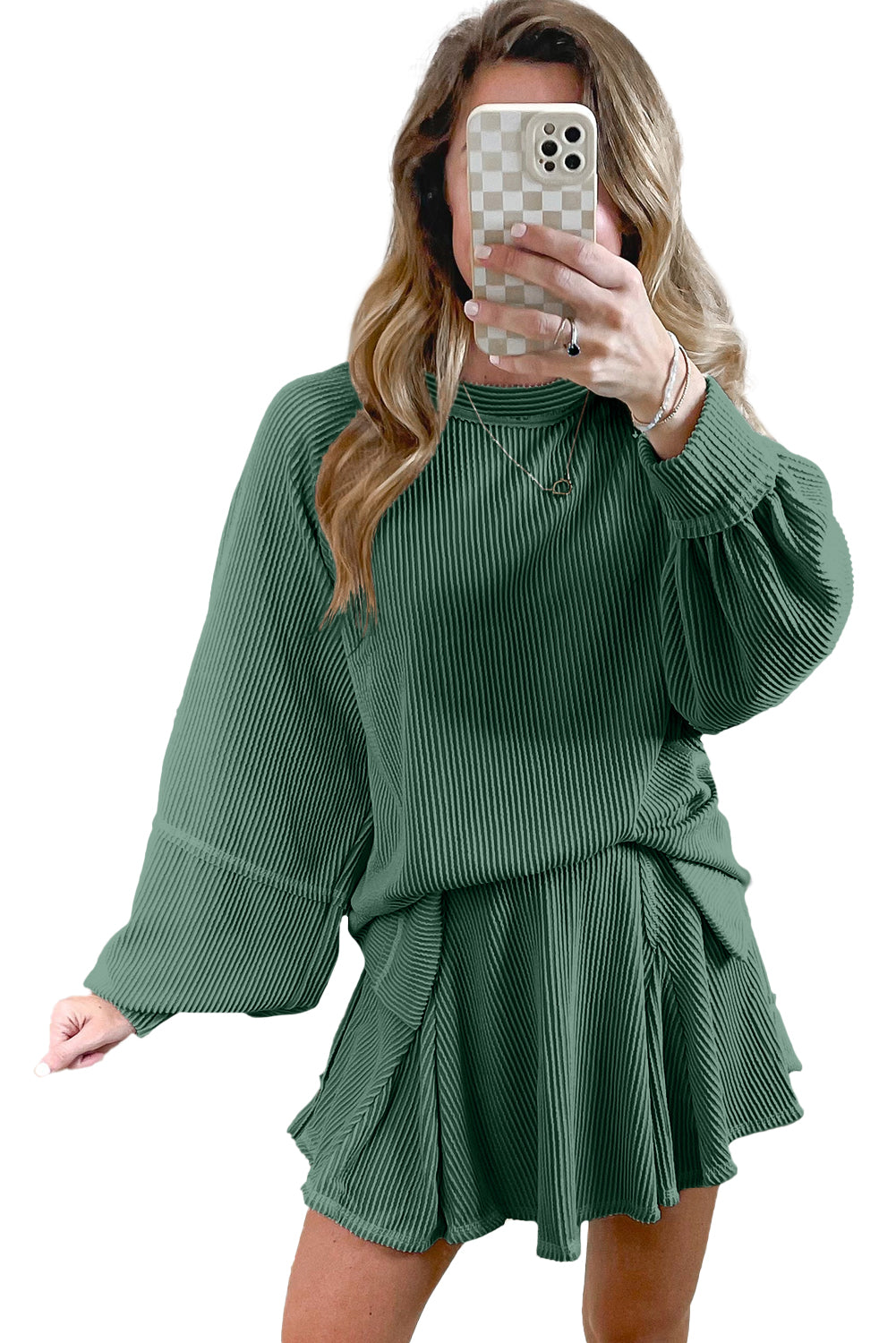 Stacey B's Jet Stream Corded Lantern Sleeve Pullover and Ruffle Mini Skirt Set