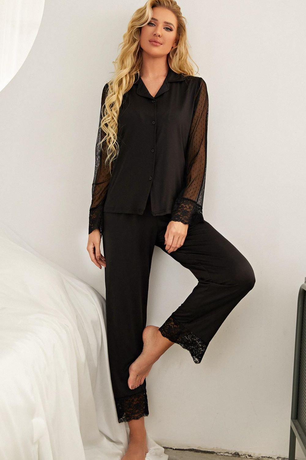 Stacey B's Spliced Lace Lapel Collar Pajama Set