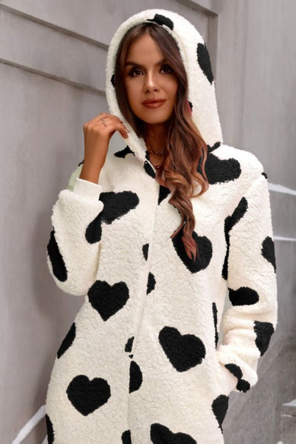 Stacey B's Fuzzy Heart Zip Up Hooded Lounge Jumpsuit
