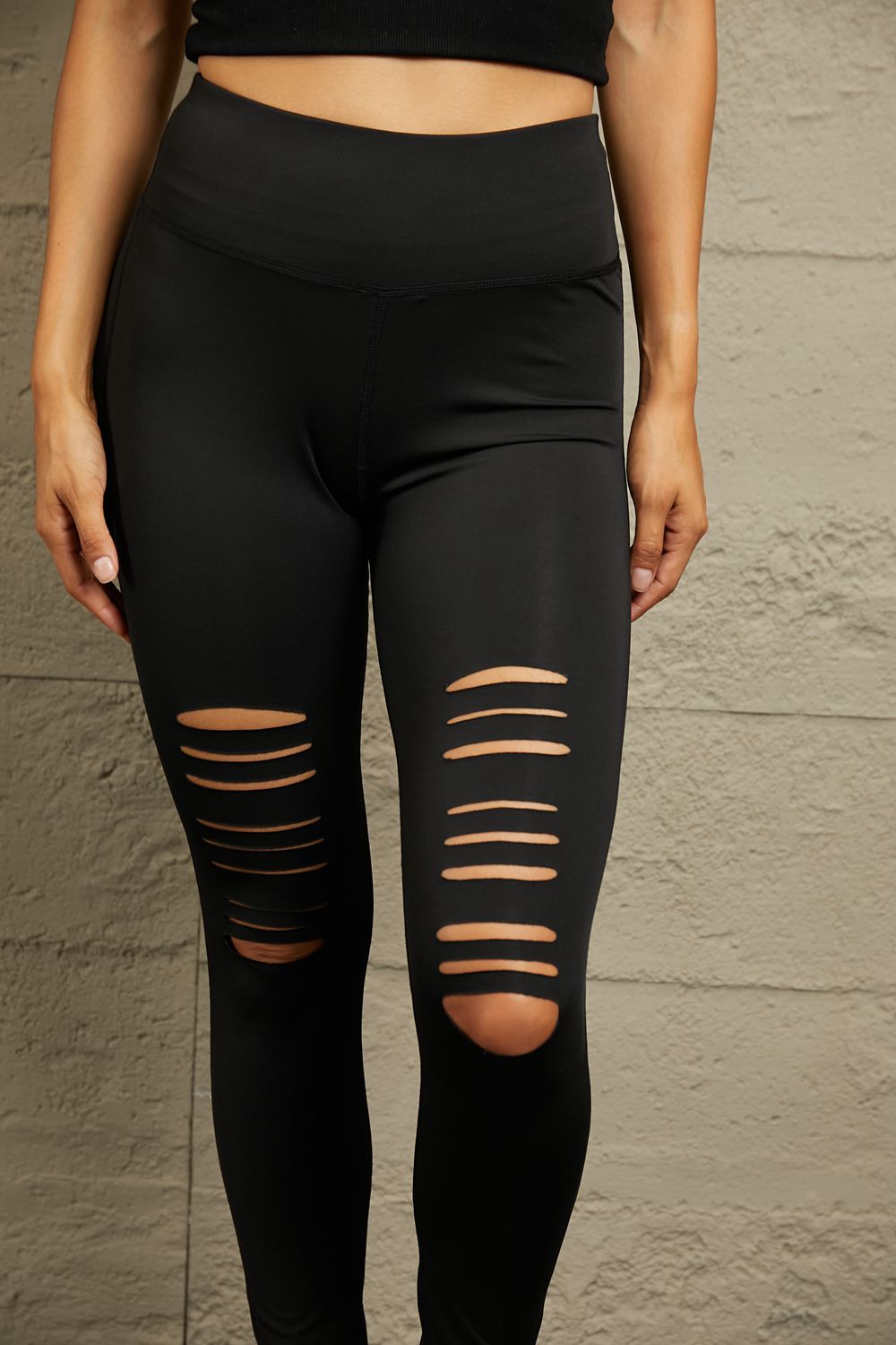 Stacey B's Wide Waistband Distressed Slim Fit Leggings