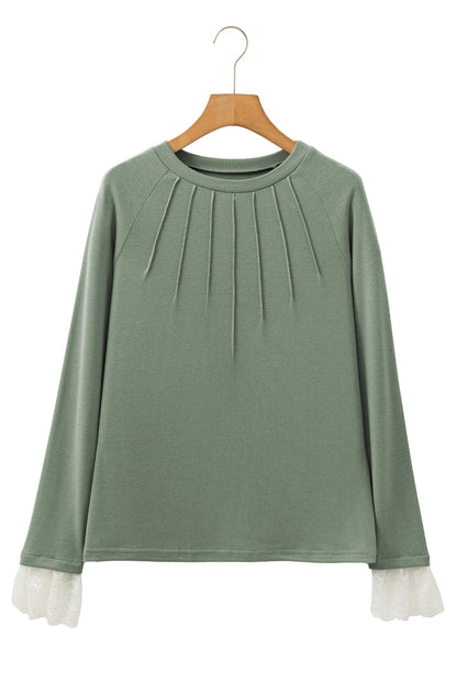 Stacey B's Parchment Seam Detail Lace Contrast Cuffs Raglan Sleeve Top