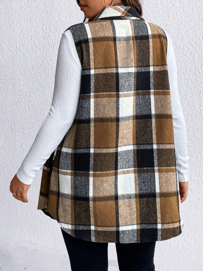 Stacey B's Honey Plus Size Pocketed Plaid Button Up Vest Coat
