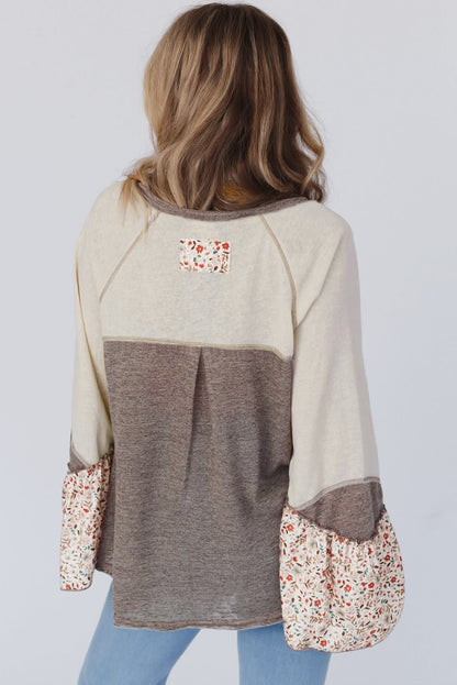 Stacey B's Goat Colorblock Floral Patchwork Flared Sleeve Buttons Henley Top