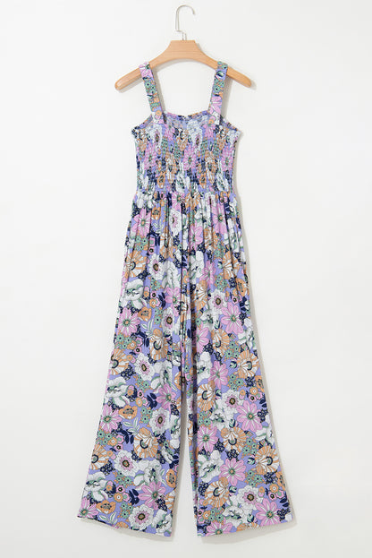 Stacey B's Purple Floral Print Smocked High Waist Square Neck Jumpsuit