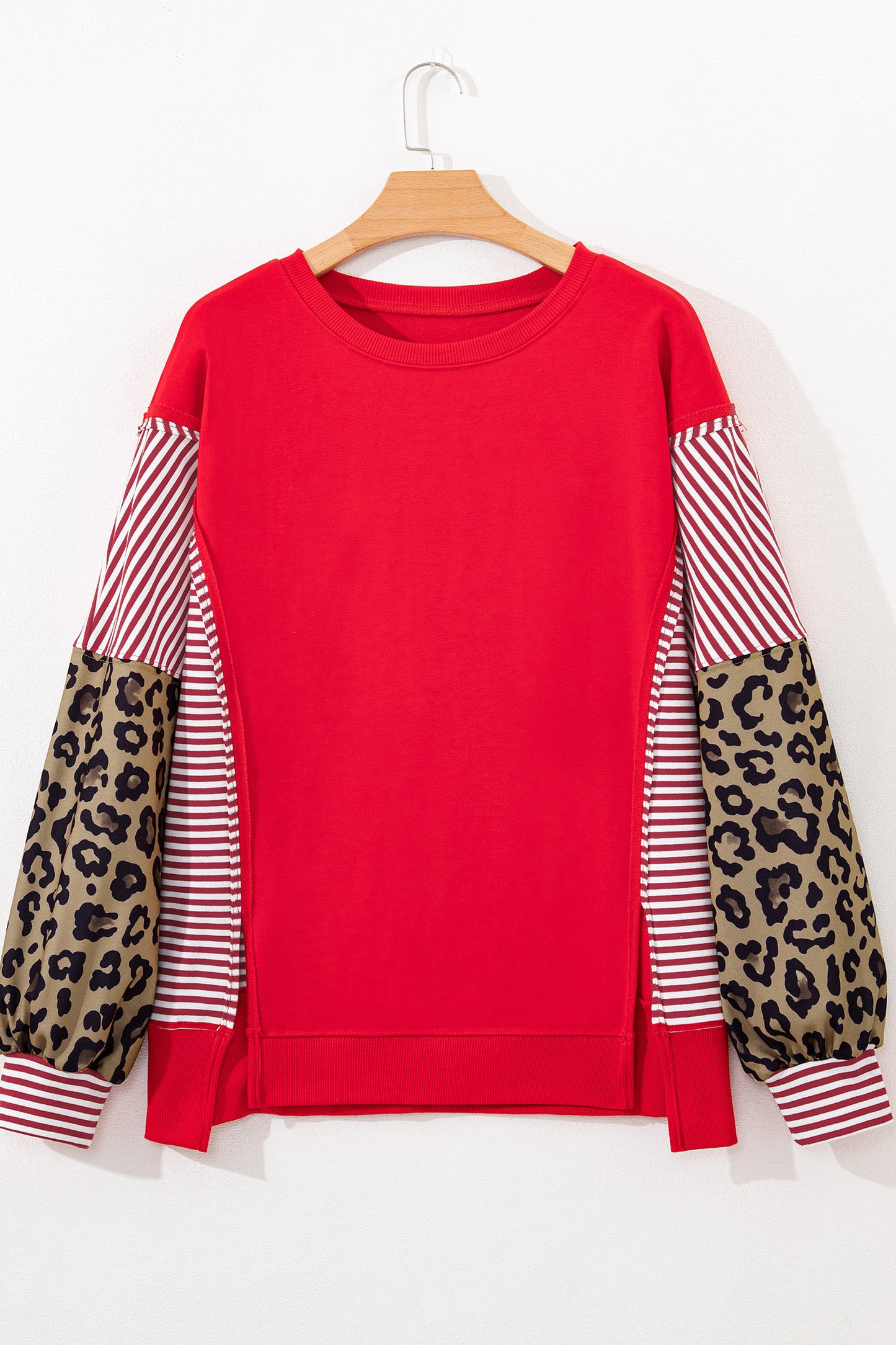 Stacey B's Racing Red Striped Patchwork Sleeve Colorblock Sweatshirt