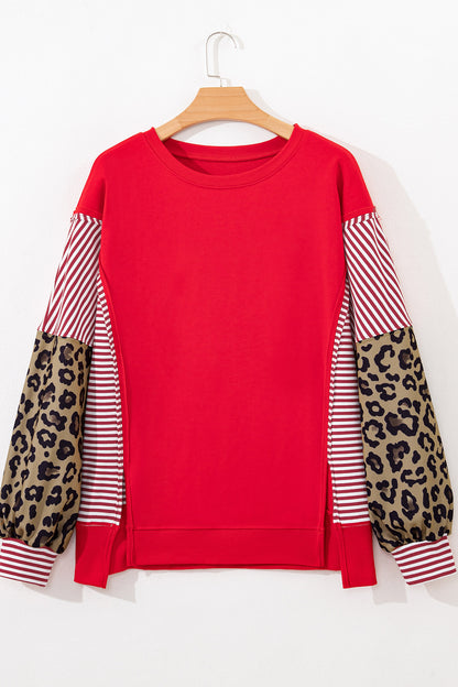 Stacey B's Racing Red Striped Patchwork Sleeve Colorblock Sweatshirt