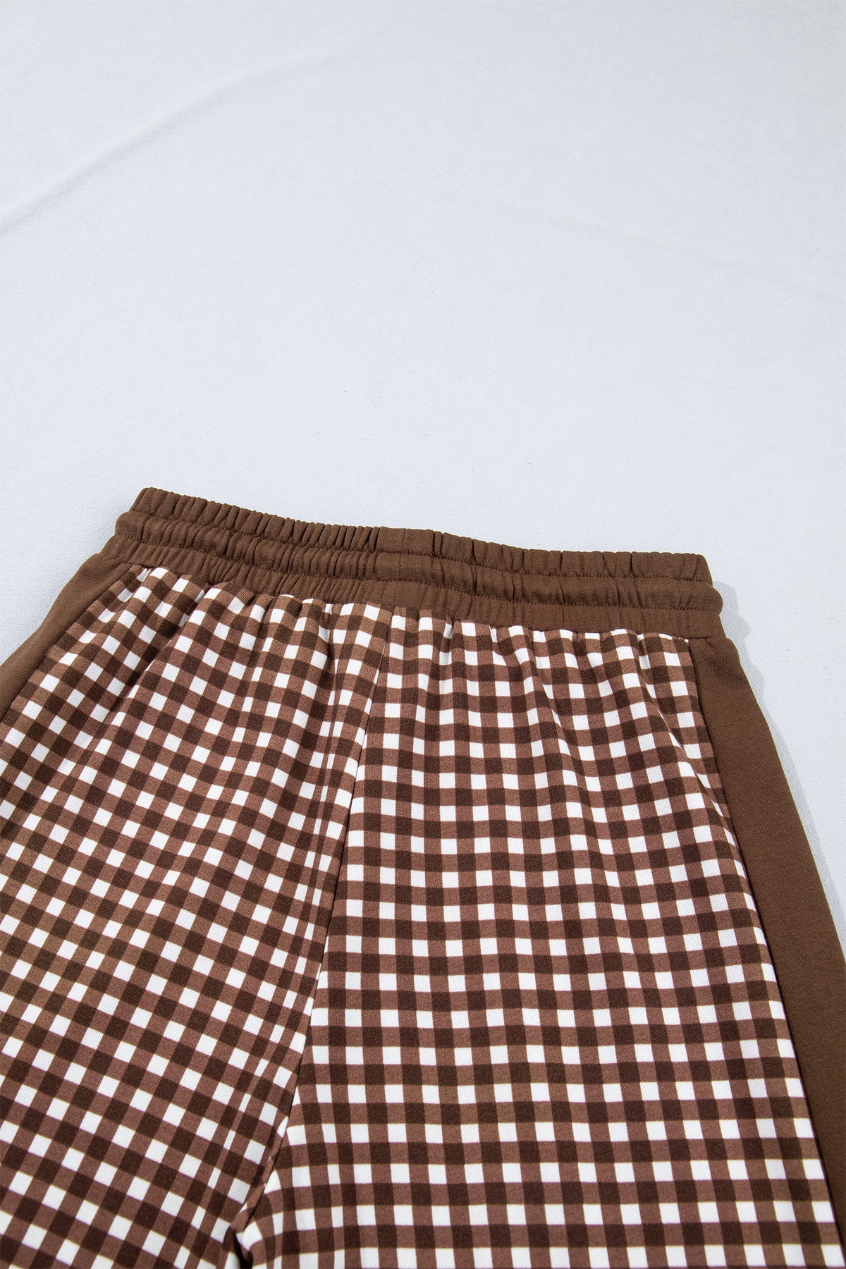 Stacey B's Brown Color Block Plaid Patchwork Long Sleeve Pullover Wide Leg Pant Set