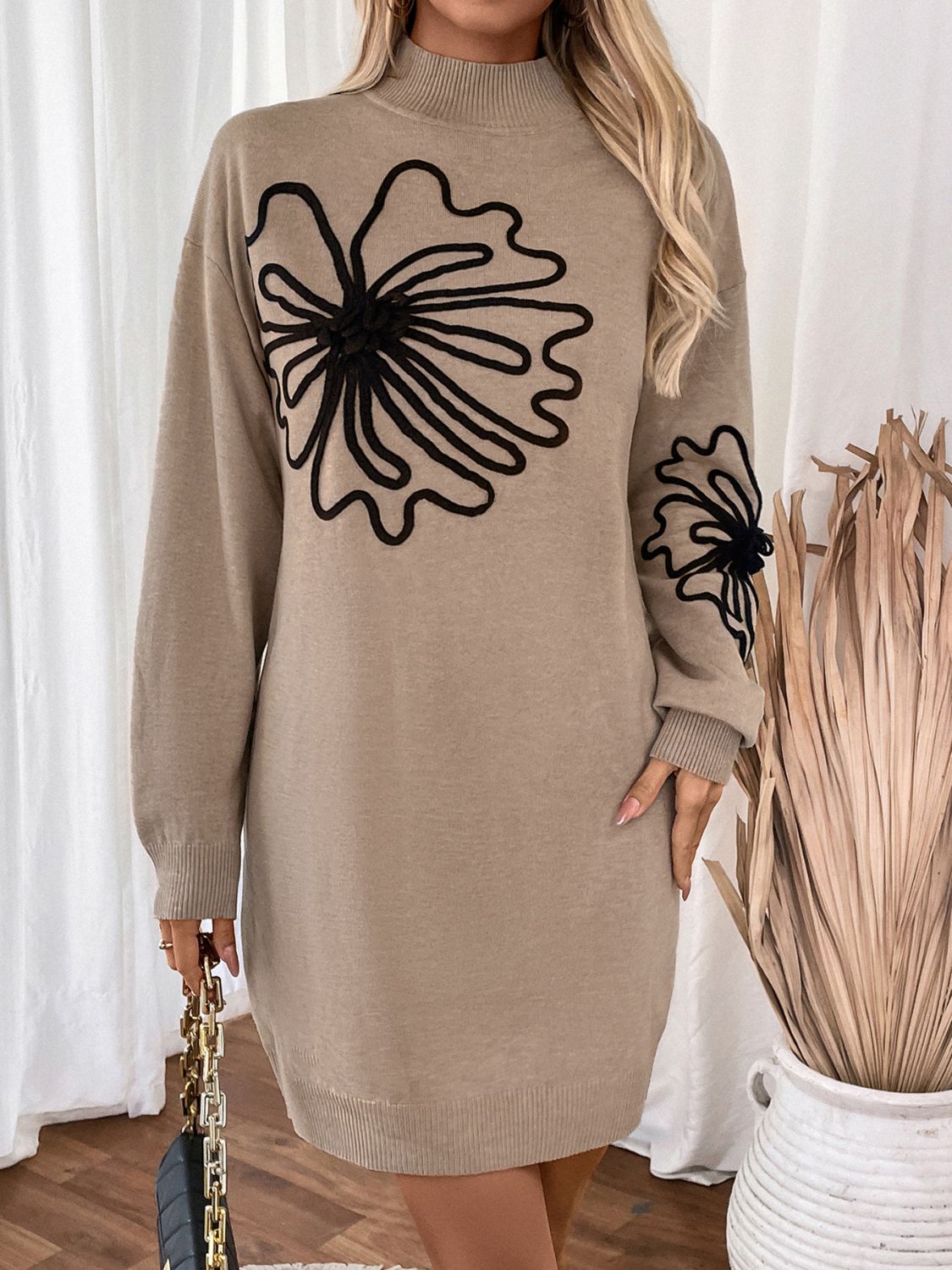 Stacey B's Perfee Flower Mock Neck Long Sleeve Sweater Dress