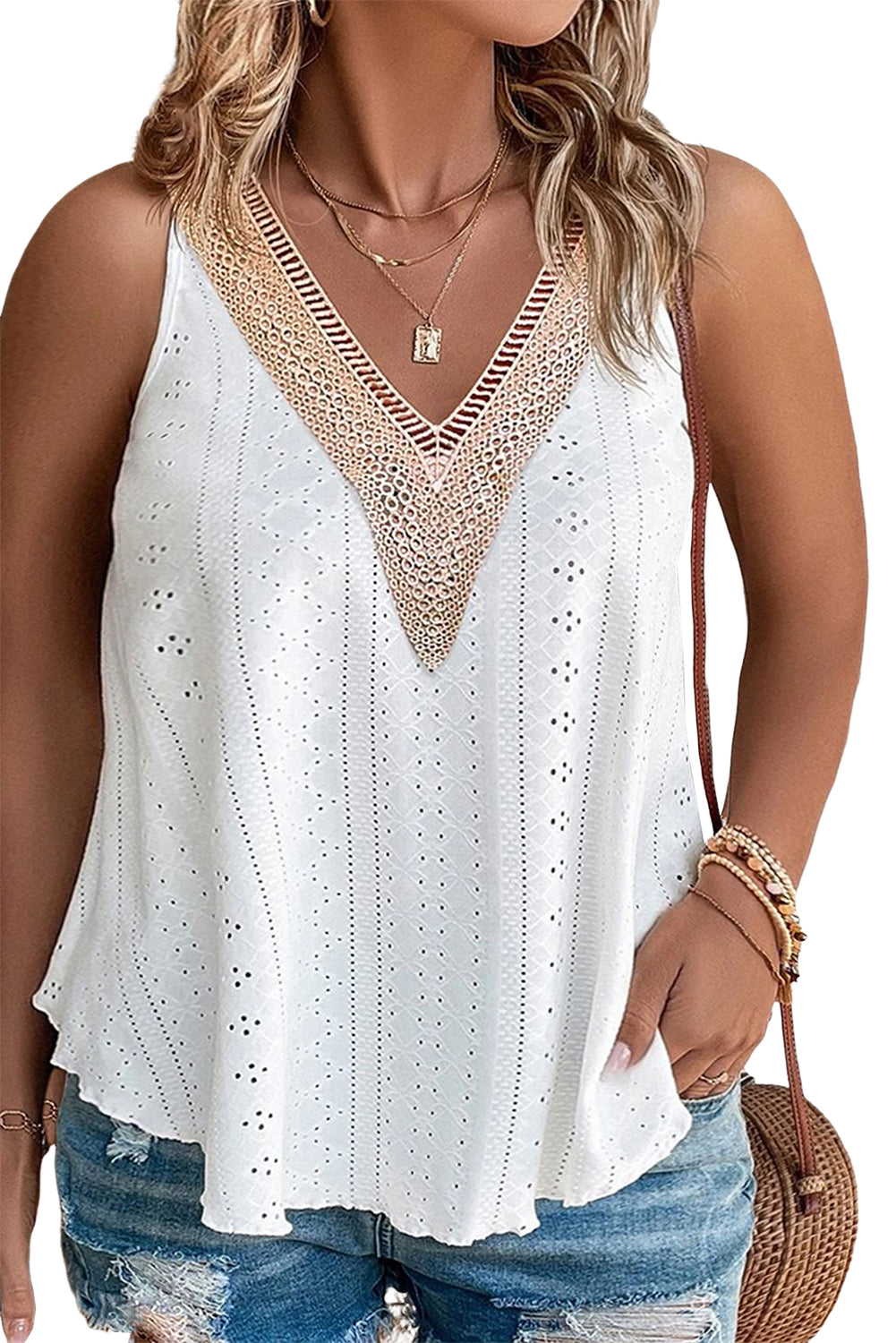 Stacey B's White Plus Size Guipure V Neck Eyelet Lace Tank Top