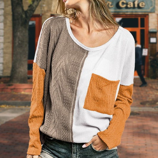 Stacey B's Cable knit color block round neck sweater