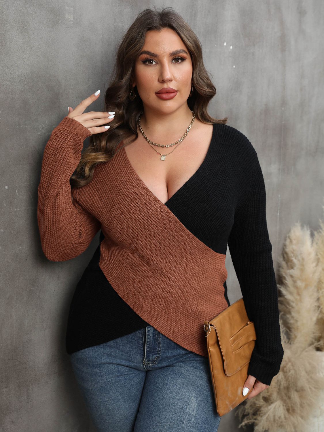 Stacey B's Plus Size Two-Tone Surplice Neck Sweater