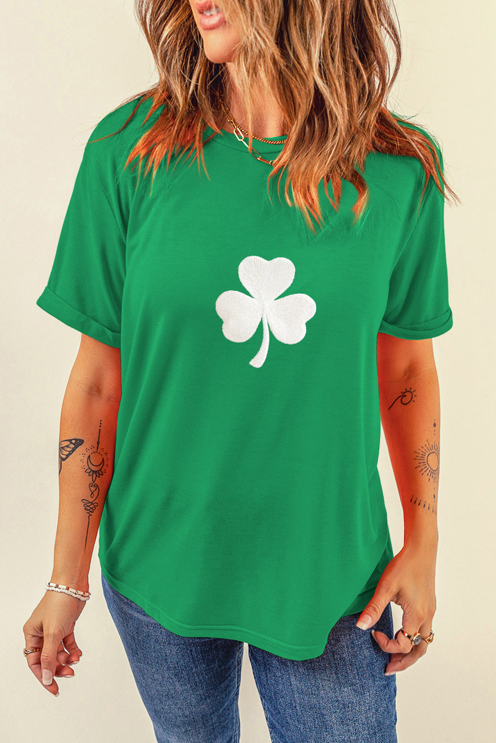 Stacey B's Bright Green Embroidered Clover Pattern St Patrick Tee