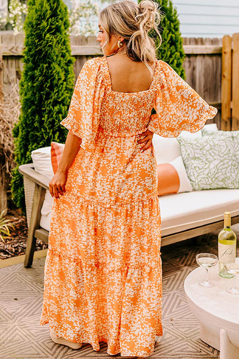 Stacey B's Orange Floral Print Smocked V Neck Wide Sleeve Maxi Dress