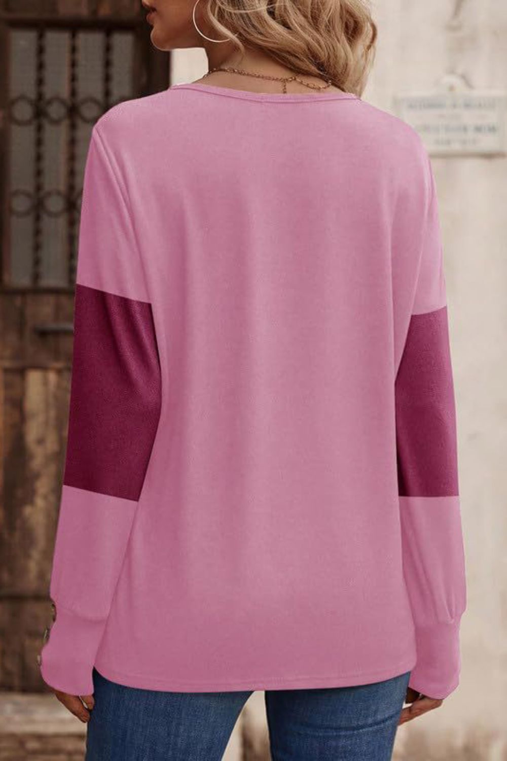 Stacey B's Decorative Button Contrast V-Neck Long Sleeve T-Shirt