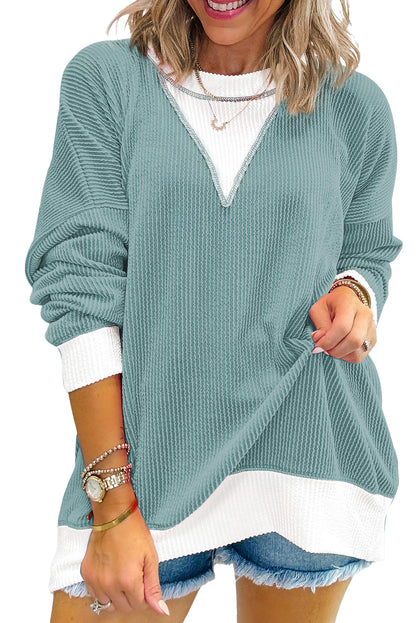 Stacey B's Light Blue Corded Colorblock Drop Shoulder Loose Top