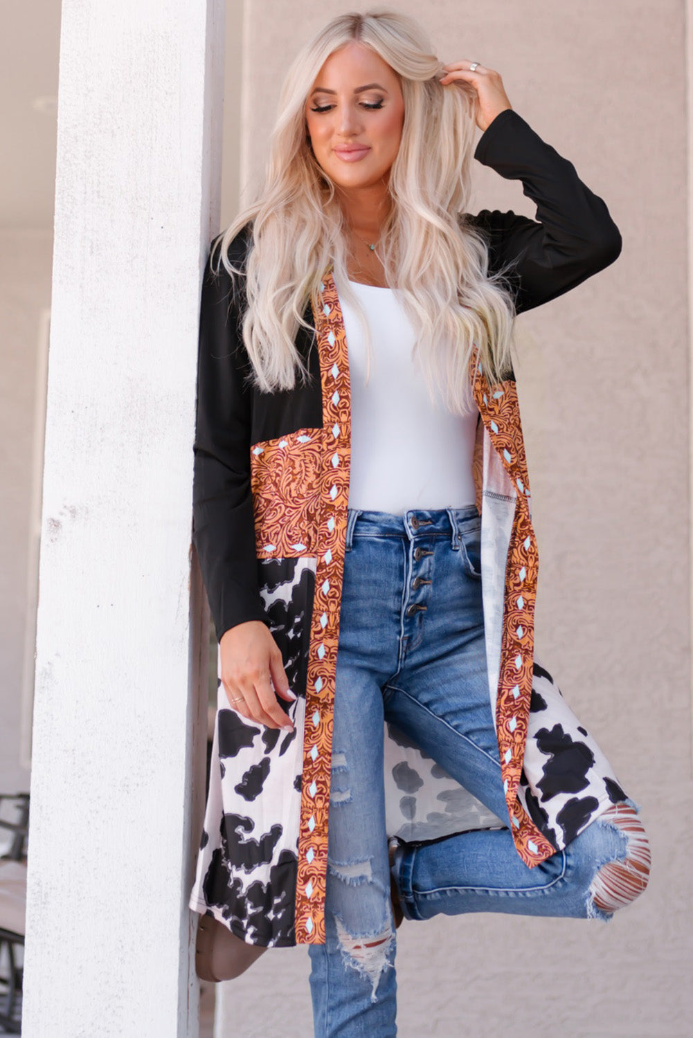 Stacey B's Black Western Pattern Cow Patchwork Open Front Cardigan