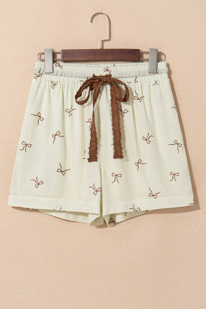 Stacey B's White Bow Print Lace Drawstring Casual Shorts