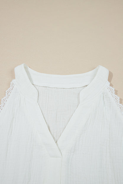 Stacey B's White Textured Lace Trim Pure Cotton Sleeveless Top