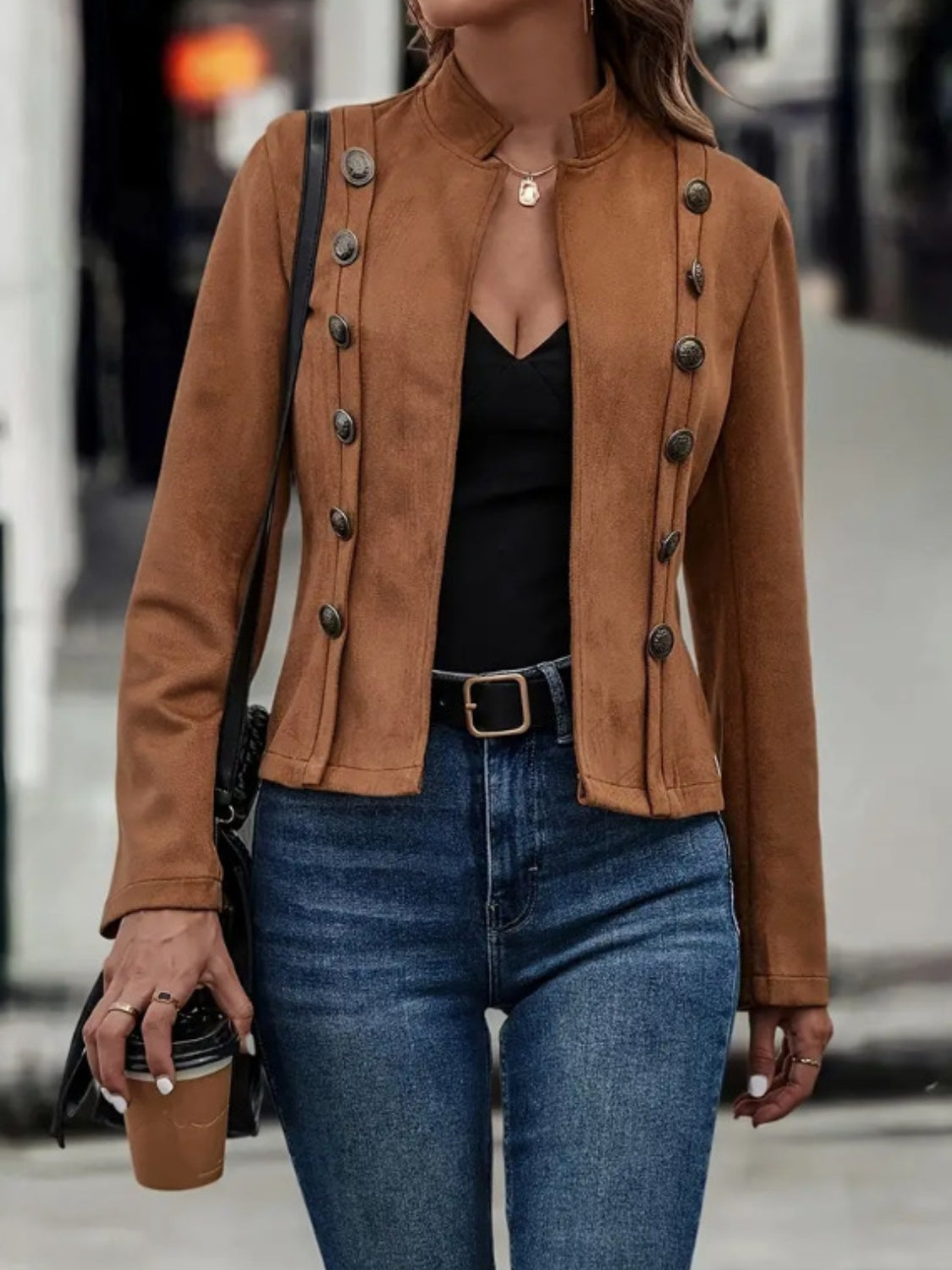 Stacey B's Decorative Button Open Front Long Sleeve Jacket