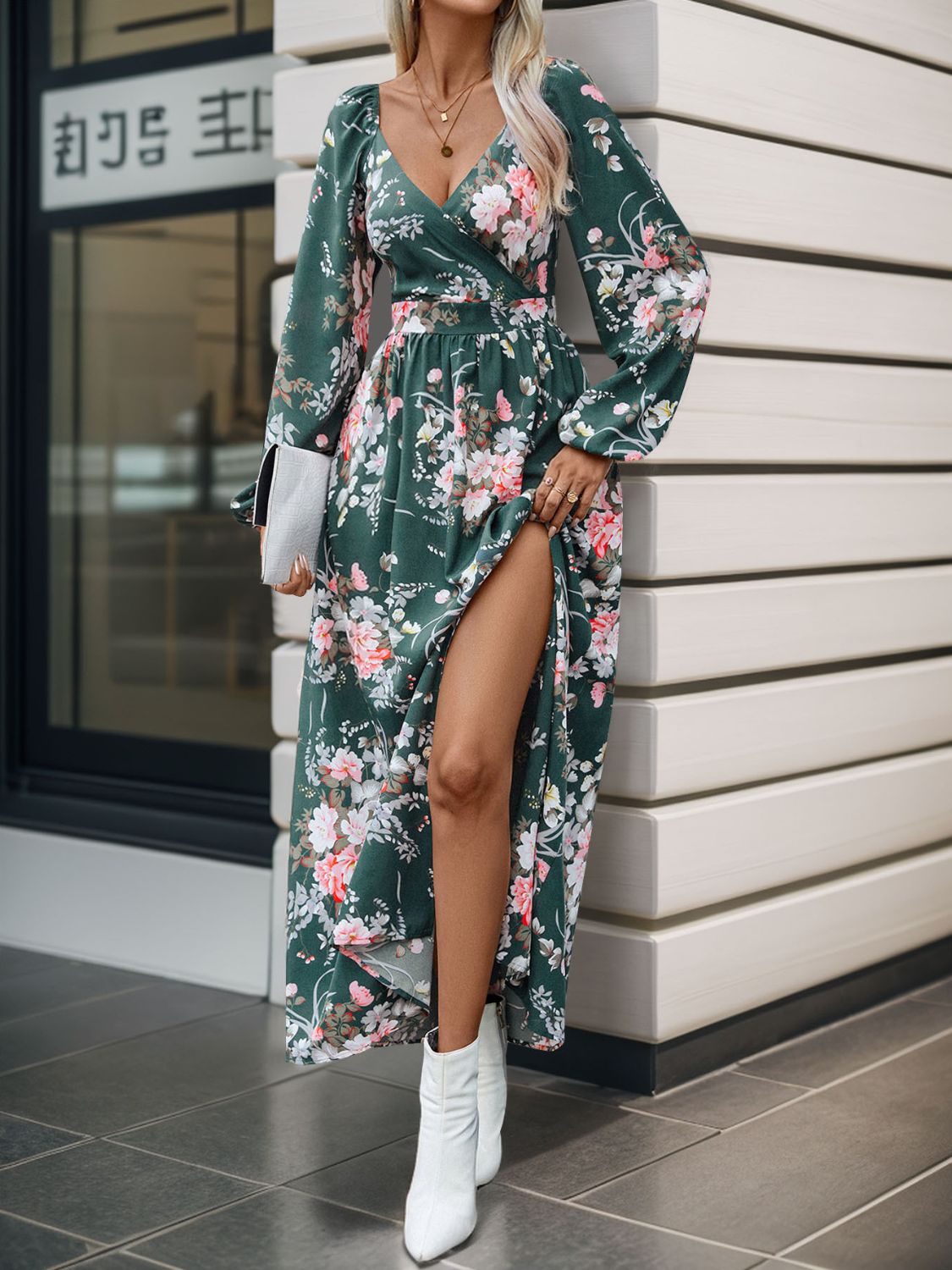 Stacey B's Slit Printed Surplice Long Sleeve Maxi Dress