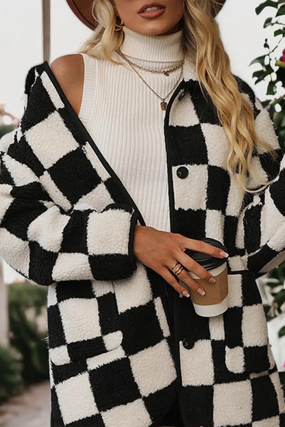 Stacey B's Black Checkered Side Pockets Collared Buttoned Fleece Jacket