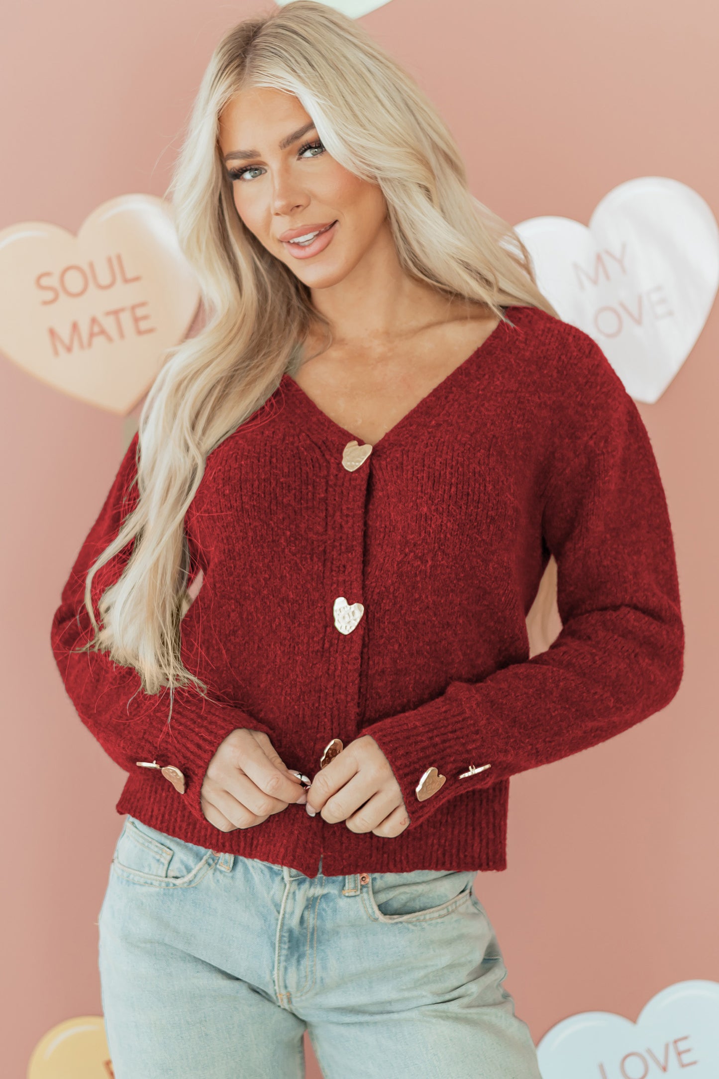 Stacey B's Fiery Red Heart Metal Button V Neck Cardigan Sweater